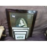 4 framed architectural prints and 1 picture of Queen Victoria