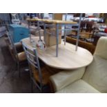 Beech effect drop leaf dining table and 4 similar metal framed dining chairs with wooden seats