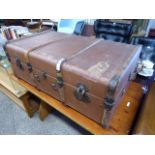 Large wooden banded travel trunk