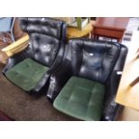 (2142) 2 black leatherette upholstered swivel easy chairs with green cushions *Collector's Item: