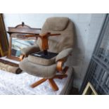 Wooden framed brown upholstered easy chair with matching footstool