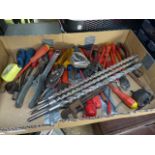 Box of various screwdrivers, pliers, drills, etc.