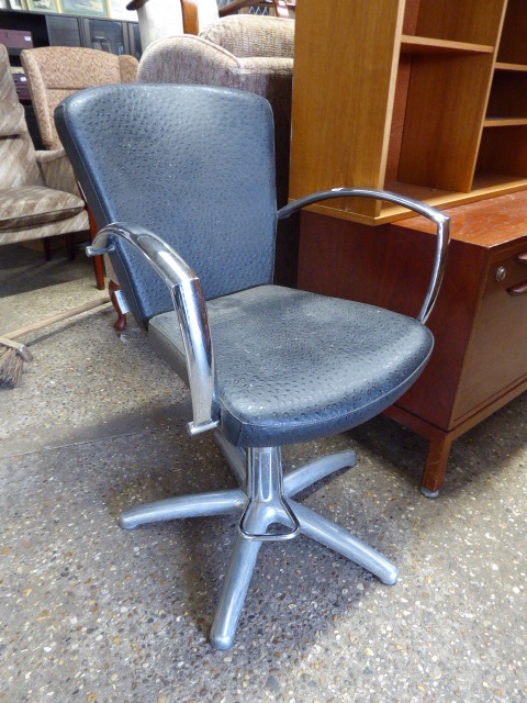 (2255) Black leather upholstered barbers chair with chrome arms and 5 star base *Collector's Item: