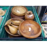 Crate of various turned wooden bowls, etc.