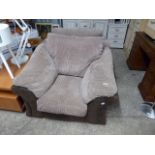 Brown leatherette and suede upholstered pair of armchairs