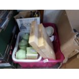 Crate of assorted kitchen knives, pots, chopping blocks, etc.