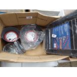 Box of saucepans, frying pans and grill tray