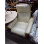Cream leatherette upholstered wooden easy frame chair
