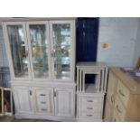Limed ash dining room suite comprising display cabinet, nest of 3 coffee tables and similar 3 drawer