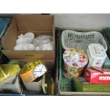 (2266) 2 trays of glassware and tins incl. Guinness pint glasses and OXO tin