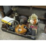 Tray of vintage lamp parts, opera glasses, stamp, jug, etc.