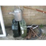 Quantity of vintage ground stakes, 2 jerry cans, watering can and vintage fuel pump