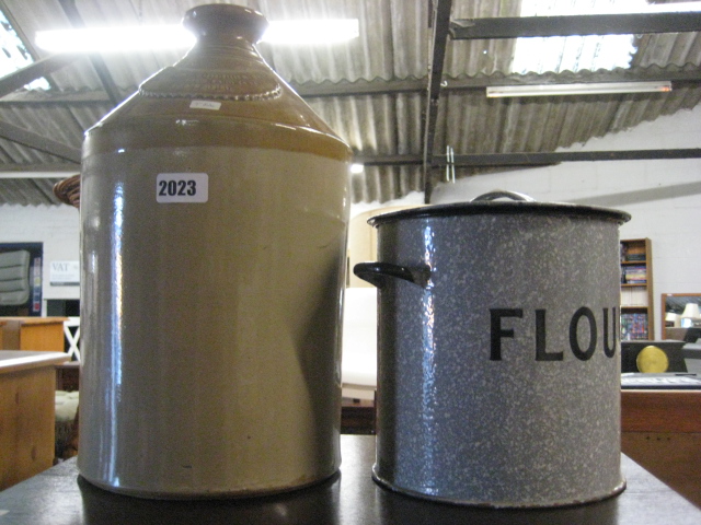 Stamford earthenware flagon and enamelled flower tin with lid