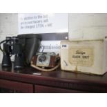 Pair of 16x50 Miranda binoculars, Ilford Sportoman vintage camera and Ensign flash unit in box