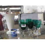 6 various green goblets, Wedgewood vase and Spode blue and white cup