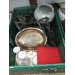 Tray containing cased spoon set, metalwares, horse brasses, etc.
