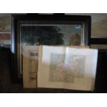 Various unframed maps depicting ruins and remains, unframed map of Bedfordshire, framed and glazed
