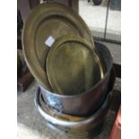(1) Brass coal scuttle together with 2 brass plates and a copper twin handled planter