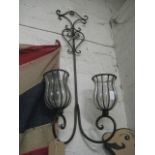 Wrought iron wall hung 2 branch lantern holder