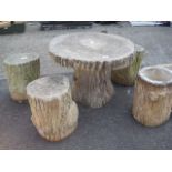 Wood effect stone low table with 4 matching stools