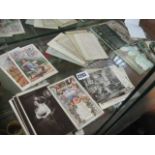 Half a shelf of vintage postcards and photgraphs