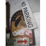 Metal No Parking sign, metal Krakatoa Canoes sign, wooden Motorcycle Club sign (3)