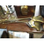 Brass fire tools incl. shovels, poker, and mismatched stand