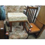 Floral upholstered wing back easy chair with matching footstool and oak framed armchair with