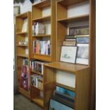 Pair of pine and beige open front bookcases with 3 smaller matching bookcases