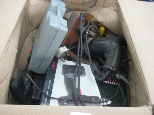 Crate containing Power Devil drill, wooden planes, speed clamp and other tools