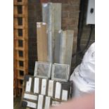 Quantity of decorative glass floor tiles, metal lengths and a length of hardwood