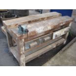 Vintage wooden work bench with 2 drawers under and metal vice inscribed 11-8076 USSR