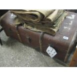 (2208) Brown banded travel trunk and contents