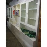 Modern white lounge wall unit system incl. 4 modular wall units, 2 smaller drawer units and matching