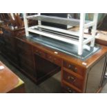 Modern yew leather top office desk with matching single drawer and single door pedestal