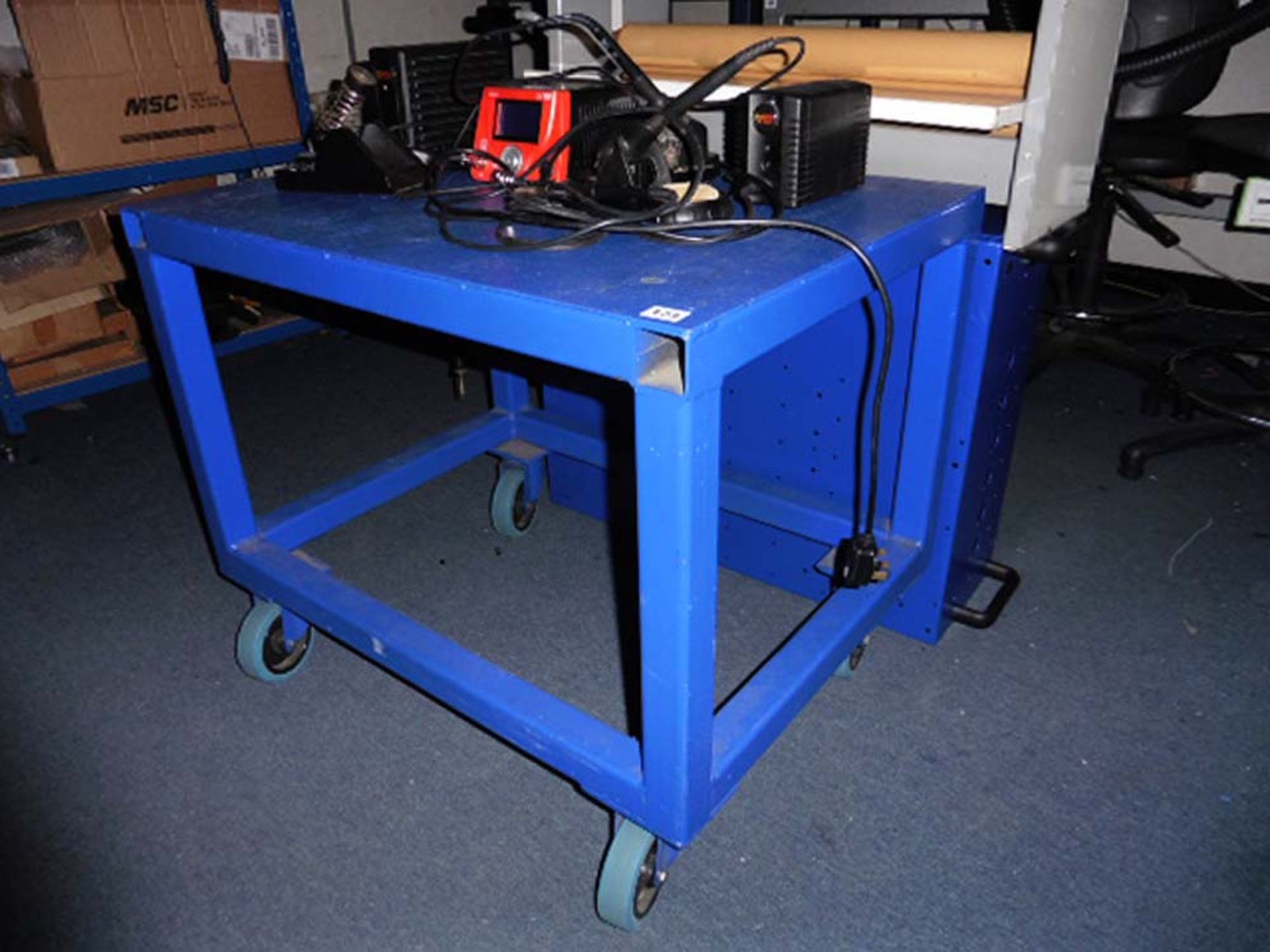 Blue steel assembly trolley approx 0.8m x 0.6m (not contents)