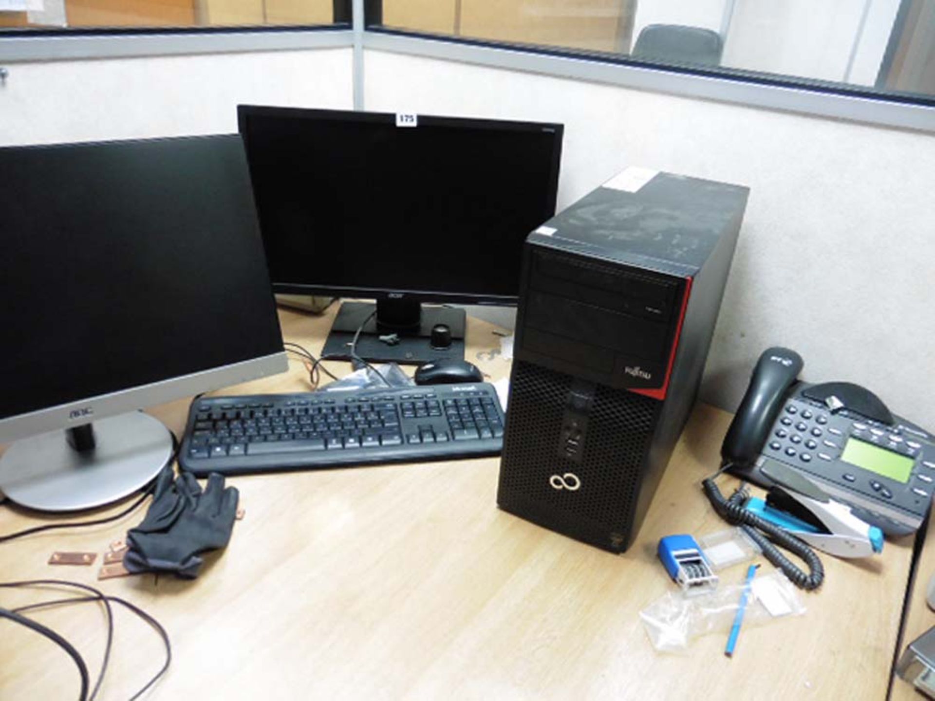 Fujitsu Core i5 tower PC with Acer 22'' & AOC 23'' monitors, mouse, keyboard & HP printer (no HDDs)