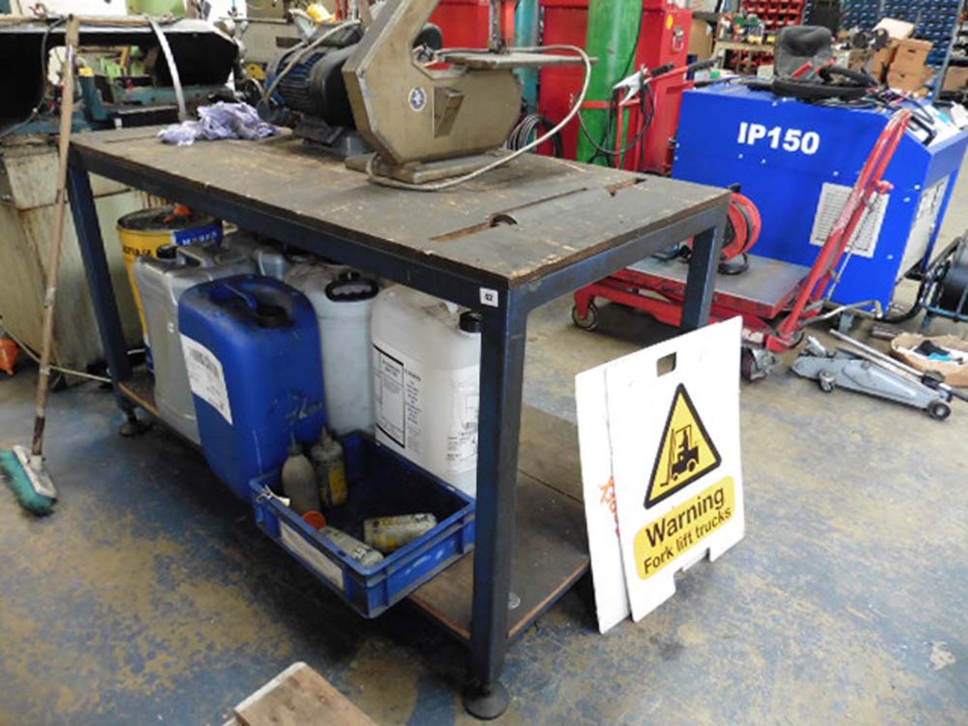 Welded Steel workbench with inset rollers, 1.5m x 0.75m approx (excluding contents)
