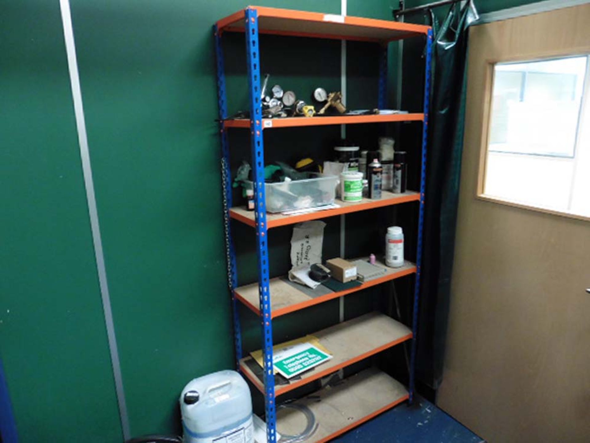 Blue & Orange shelf rack with contents of gas gauges and sundries