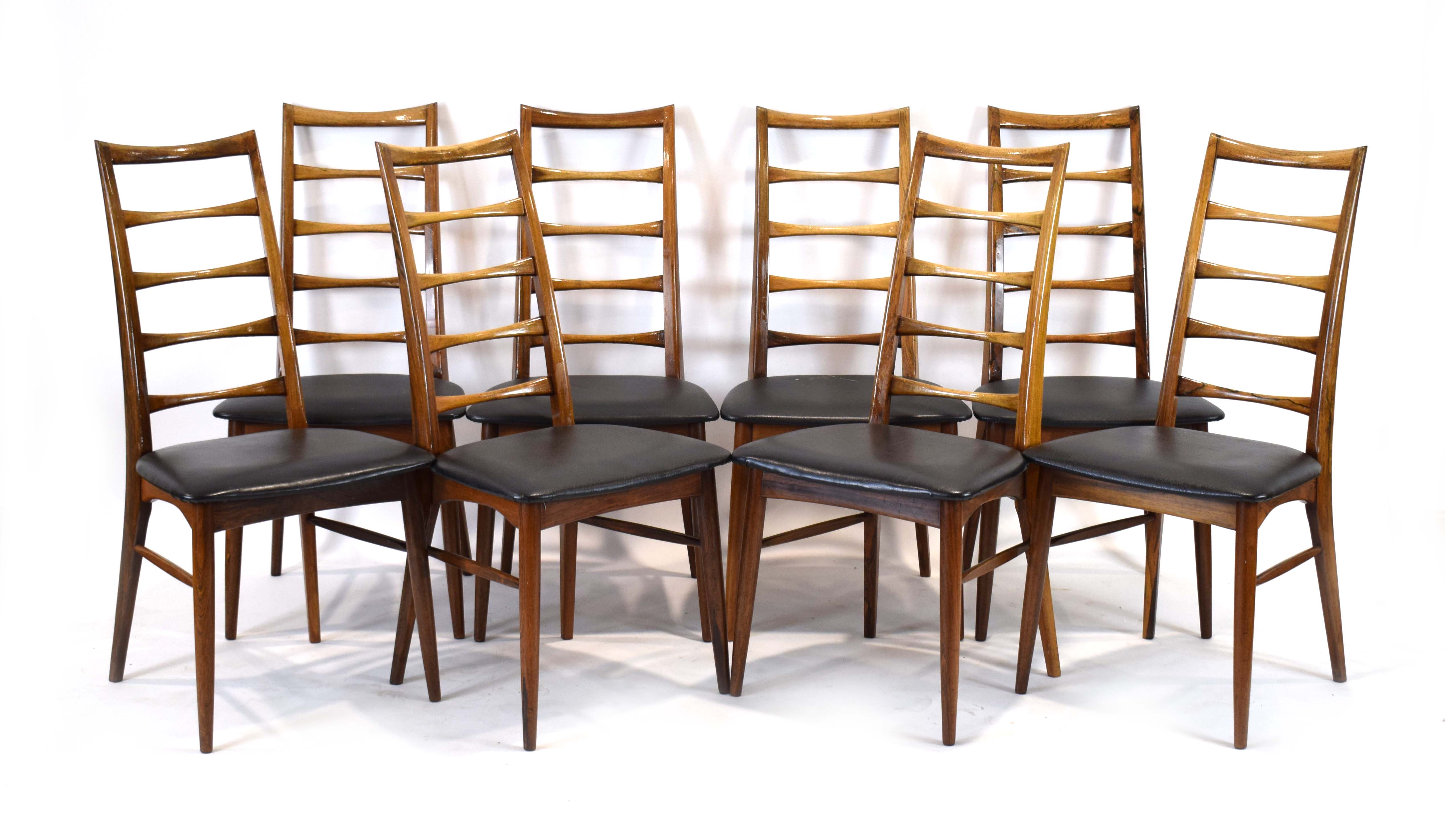 Niels Koefoed for Koefoeds Hornslet, a set of eight 1960's rosewood Lis chairs with black seats,