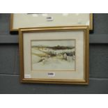 Janice Smith watercolour of winter scene with farm buildings