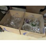 Two boxes containing a large quantity of glassware, to include: decanters, jugs, sherry glasses