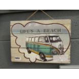 Wooden painted plaque of VW camper van