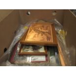 5423 - Box containing etched copper panels plus photographic prints of village scenes