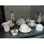 A cage containing military cups & saucers, Alma Ware foral patterned crockery, plus an ornamental