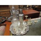 Serving tray, six shot glasses, cocktail shaker, decanter and a two branch candlestick