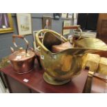 3 copper kettles and brass coal scuttle