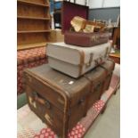 Vintage canvas trunk with wooden ribs plus two cases and a quantity of playing cards and toys