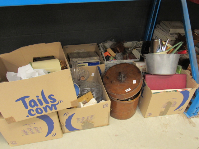 8 boxes containing cooking pots and enamelled pots, board games, hat box with candles and