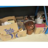 8 boxes containing cooking pots and enamelled pots, board games, hat box with candles and